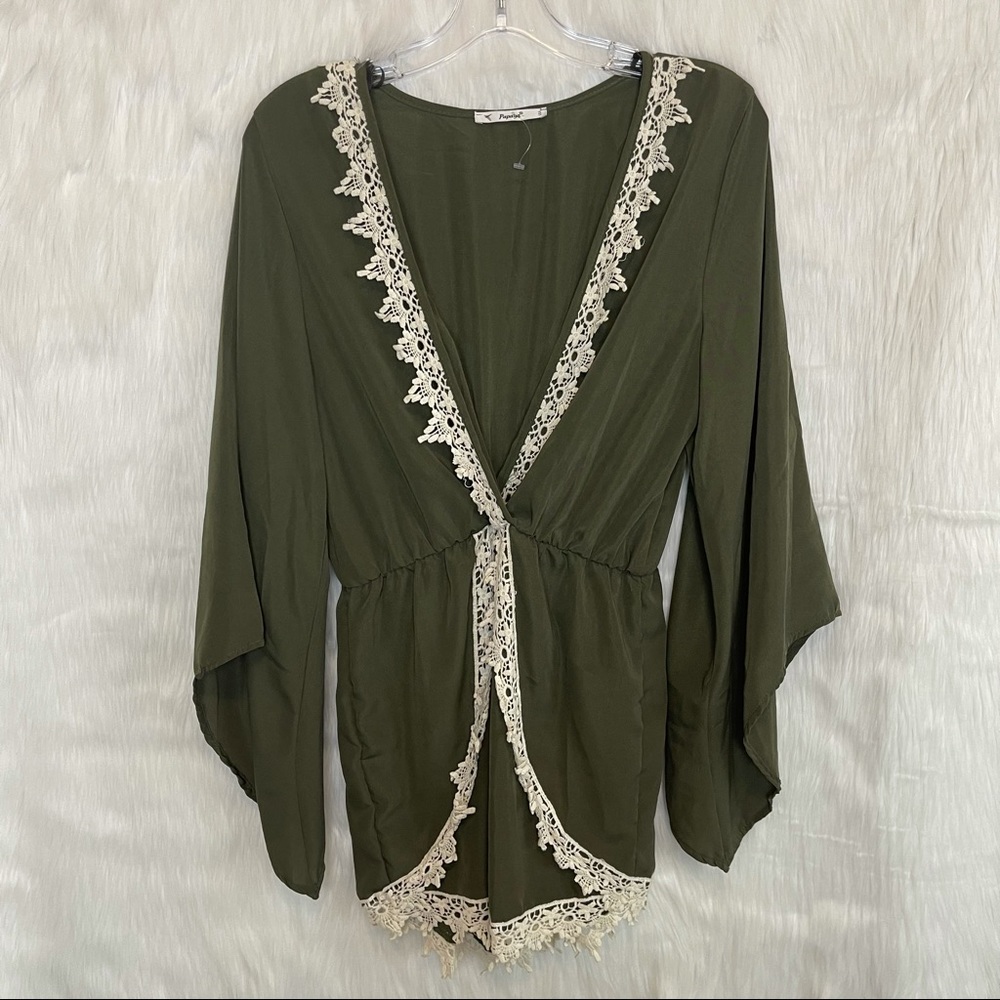 Papaya Olive Green Plunge Neckline Lace Romper